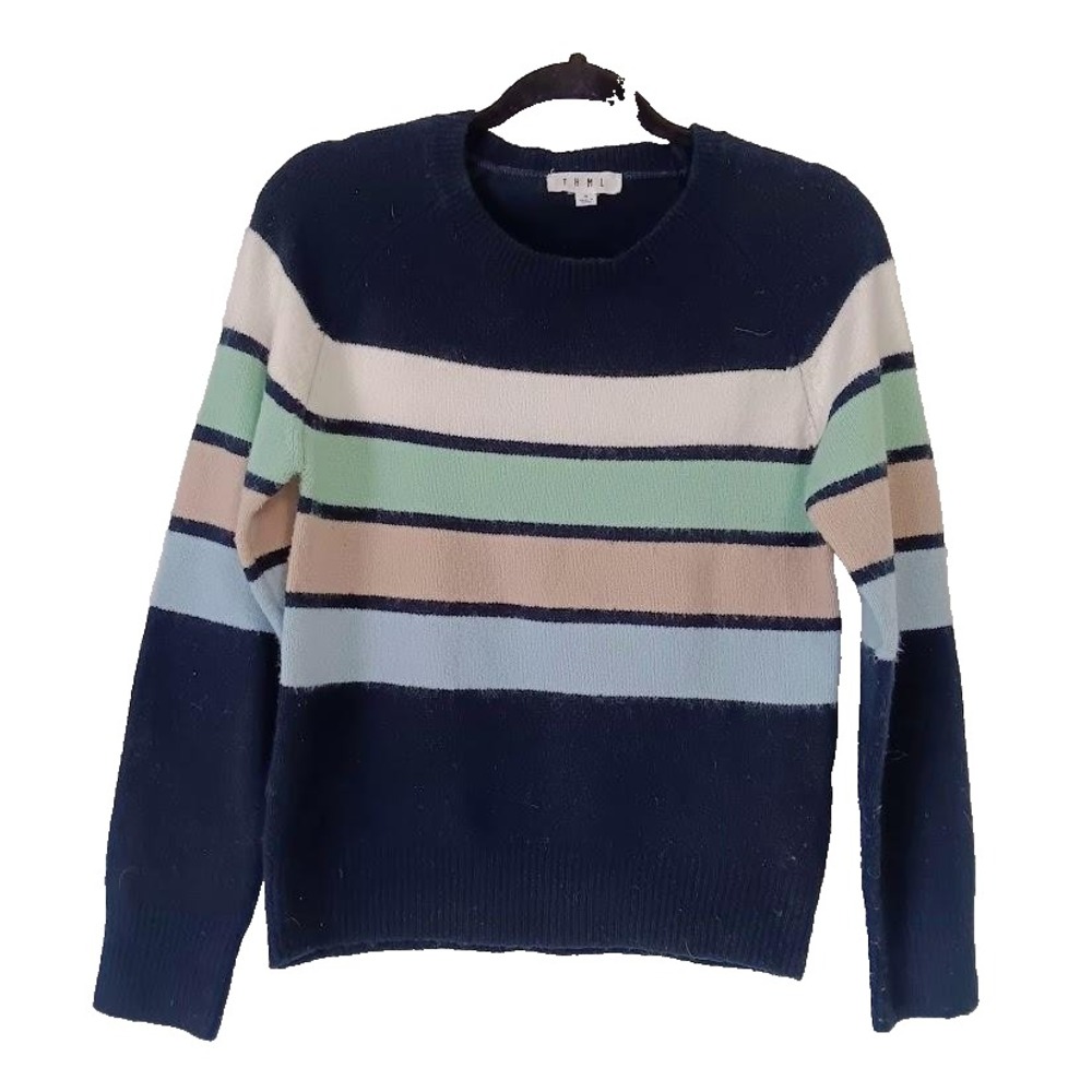 THML Sweater Womens Small Navy Striped Colorblock Crewneck Raglan Knit Pullover